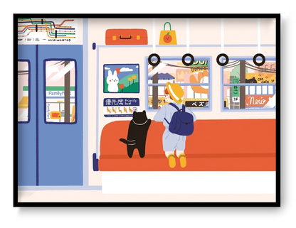 Travel by Train by Niniwanted, colorful A4 digital art print showing a black cat and a child on a Japanese train, with orange seats, blue doors and playful kawaii details. Vertical wall art illustration.