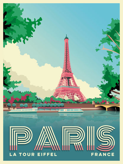 Paris Eiffel Tower travel poster by Studio Frits featuring the Seine river and iconic Paris landmark in colorful retro style wall art