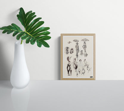 Sketchbook digital art print by Belgian illustrator Gert Paenen featuring expressive black ink character sketches, umbrella figures, fashion-inspired silhouettes, and whimsical hand-drawn studies on a minimalist background.