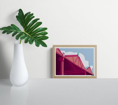 Hangars by Gert Paenen, colorful architectural art print featuring the iconic Scheldekaaien hangars in Antwerp, Belgium. Contemporary graphic illustration with bold geometric structures, vibrant pink and blue tones, urban architecture, and modern cityscape design.