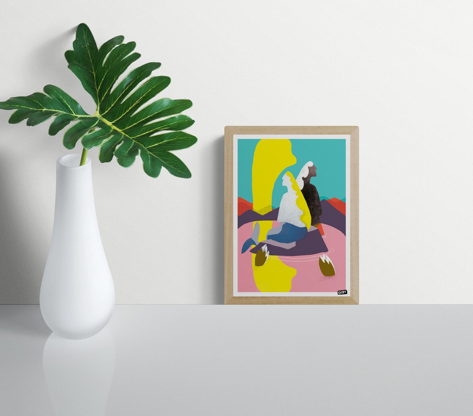Mermaids 3 by Gert Paenen, colorful digital art print featuring abstract mermaid figures in a dreamlike landscape with bold yellow, turquoise, pink, purple, and coral tones, contemporary Belgian illustration for modern wall decor.
