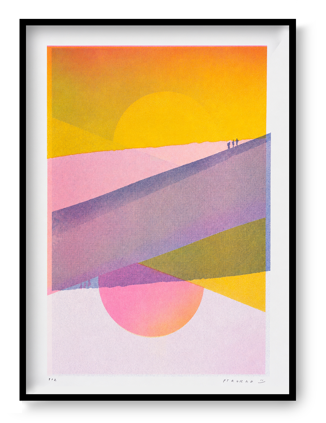 Dune Landscape - Two Suns by PTRVRKD, vertical A3 risograph print with yellow suns, pink dunes, violet hills and tiny figures, ideal as colourful contemporary wall art.