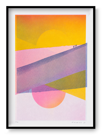 Dune Landscape - Two Suns by PTRVRKD, vertical A3 risograph print with yellow suns, pink dunes, violet hills and tiny figures, ideal as colourful contemporary wall art.