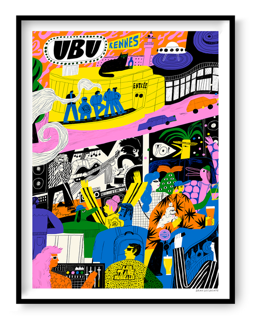 Colourful vertical giclée art print of UBU in Rennes by Dans les Dents, featuring a black cat, musicians and nightlife characters in neon pink, yellow, blue and orange. Bold contemporary illustration for playful wall decor.