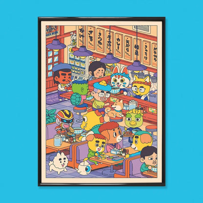 Udon-Ya 50x70 cm art print by Yeaaah! Studio, colorful Japanese udon restaurant scene with cute animals and characters eating noodles, detailed kawaii illustration printed on Old Mill Premium White 300g paper, digital print, unframed, made in France.
