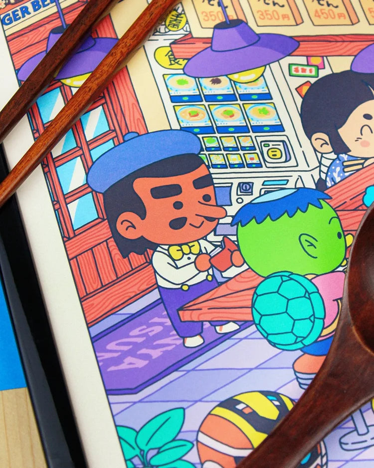 Udon-Ya 50x70 cm art print by Yeaaah! Studio, colorful Japanese udon restaurant scene with cute animals and characters eating noodles, detailed kawaii illustration printed on Old Mill Premium White 300g paper, digital print, unframed, made in France.
