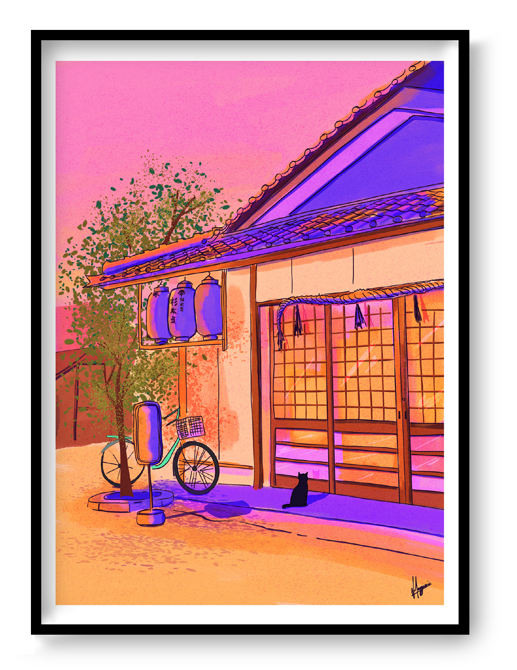Colourful vertical giclée print by Valeria Maggiani showing a woman outside a traditional home in Uji, Japan, in vivid pink, purple, blue and green tones.