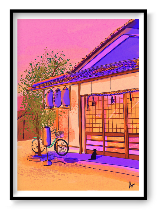 Colourful vertical giclée print by Valeria Maggiani showing a woman outside a traditional home in Uji, Japan, in vivid pink, purple, blue and green tones.