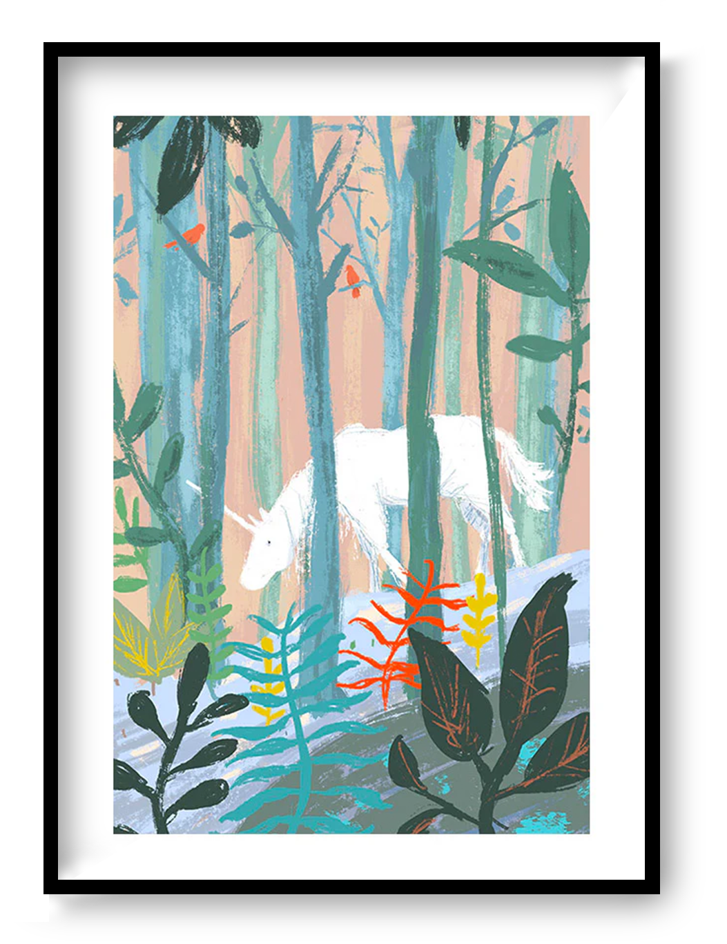 Dreamlike unicorn forest art print by Willy Leung featuring a white unicorn hidden between pastel trees and colorful plants, printed as an A4 archival giclée wall art on Hahnemühle paper.