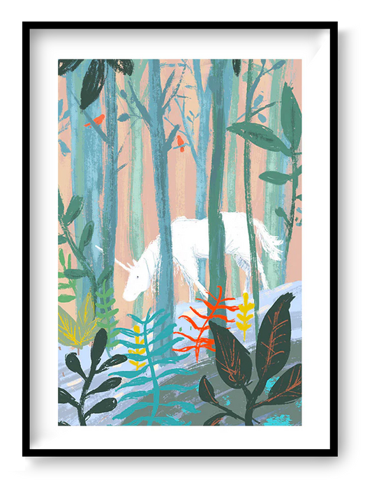 Dreamlike unicorn forest art print by Willy Leung featuring a white unicorn hidden between pastel trees and colorful plants, printed as an A4 archival giclée wall art on Hahnemühle paper.