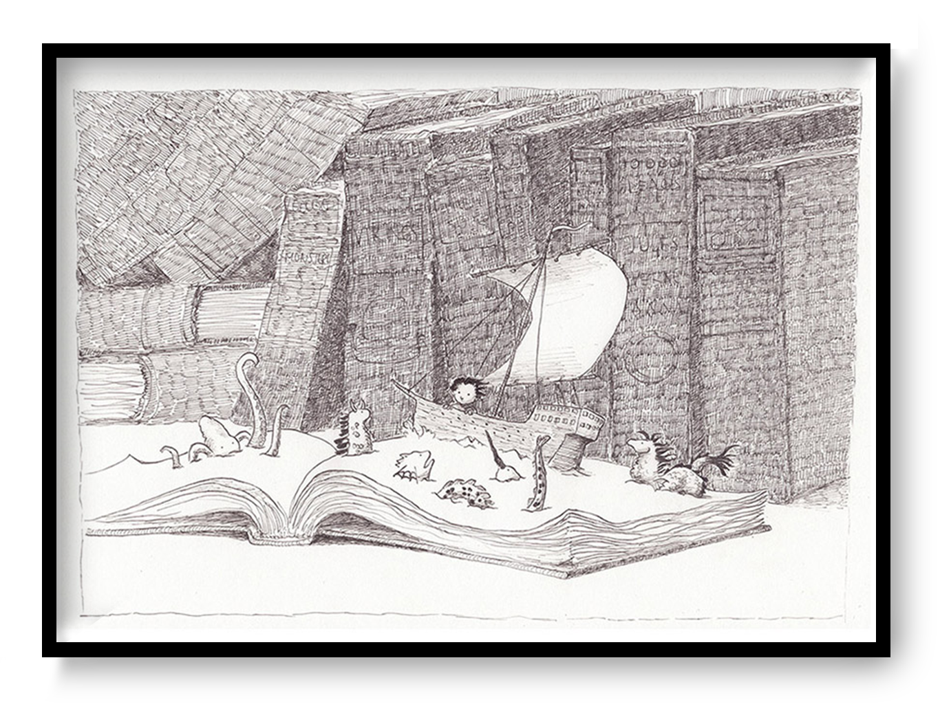 Detailed monochrome illustration titled Vessel by Willy Leung featuring a paper sailboat floating across the pages of an open book surrounded by towering library books, tiny creatures, and intricate pen-drawn textures. Literary surreal art print available in A4 and 30 x 40 cm.