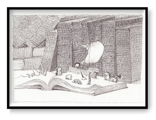 Detailed monochrome illustration titled Vessel by Willy Leung featuring a paper sailboat floating across the pages of an open book surrounded by towering library books, tiny creatures, and intricate pen-drawn textures. Literary surreal art print available in A4 and 30 x 40 cm.