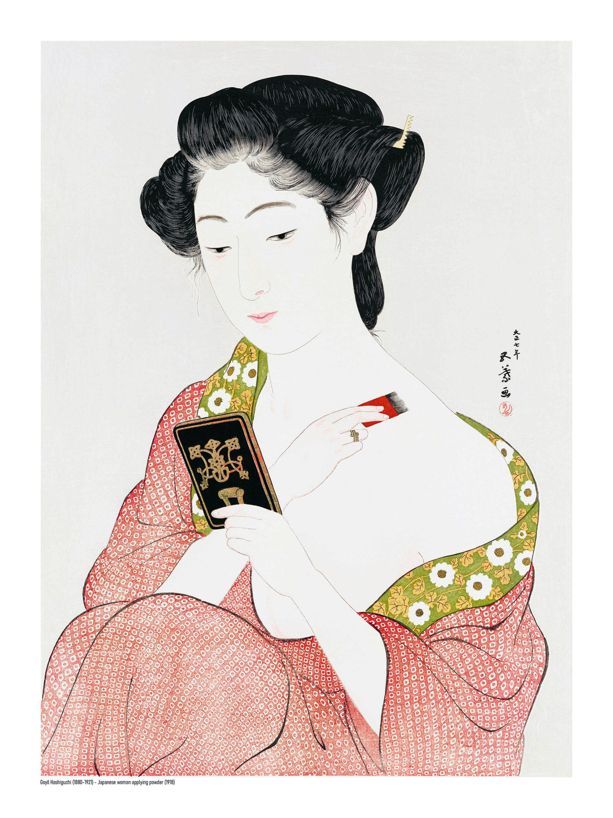 Japanese woman applying face powder in a red patterned kimono by Goyō Hashiguchi, vertical Japanese digital art print in soft red, green, black and cream tones for elegant wall decor.