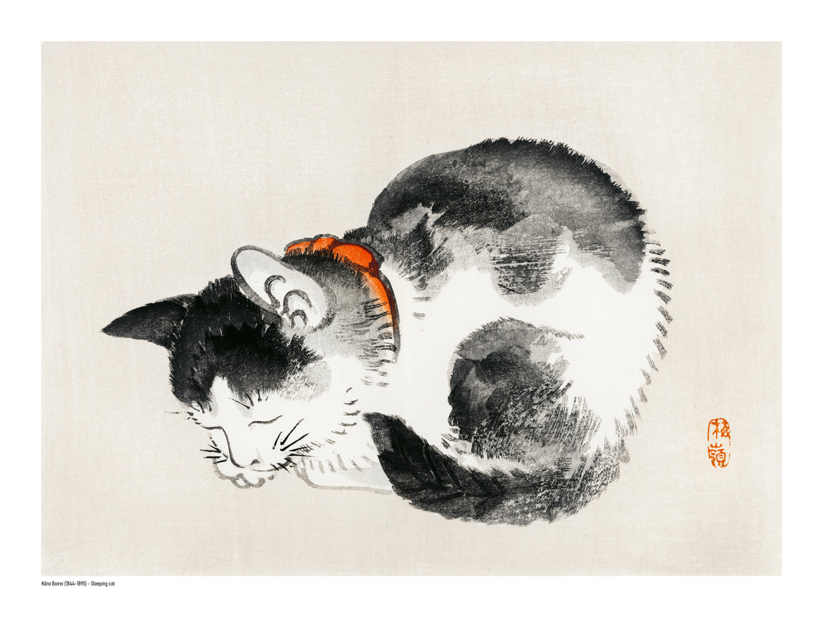 Sleeping black and white cat with an orange collar by Kōno Bairei, Japanese ink-style digital print in horizontal format, ideal as calm wall art for bedrooms, living rooms or reading spaces.