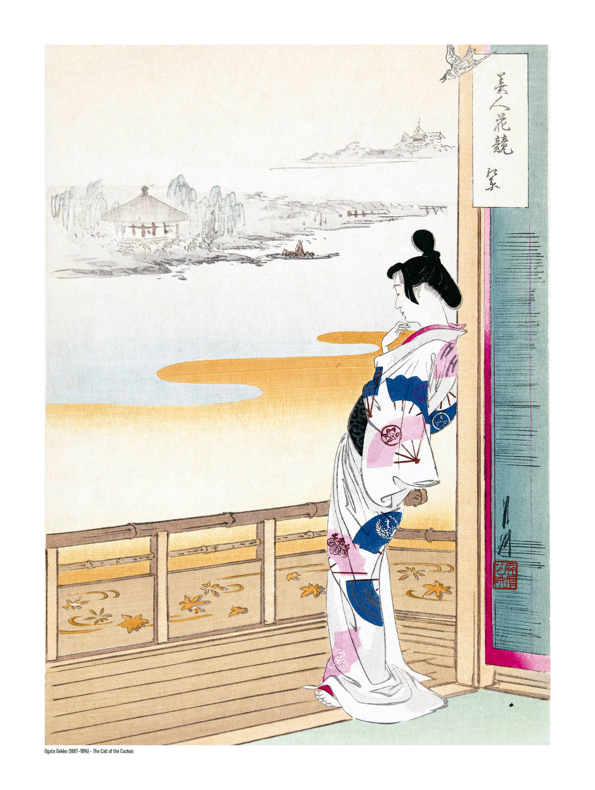 Ogata Gekko Japanese digital print showing a woman in kimono standing on a veranda overlooking a soft riverside landscape, with pale blue, pink and ochre tones in vertical format for elegant wall decor.