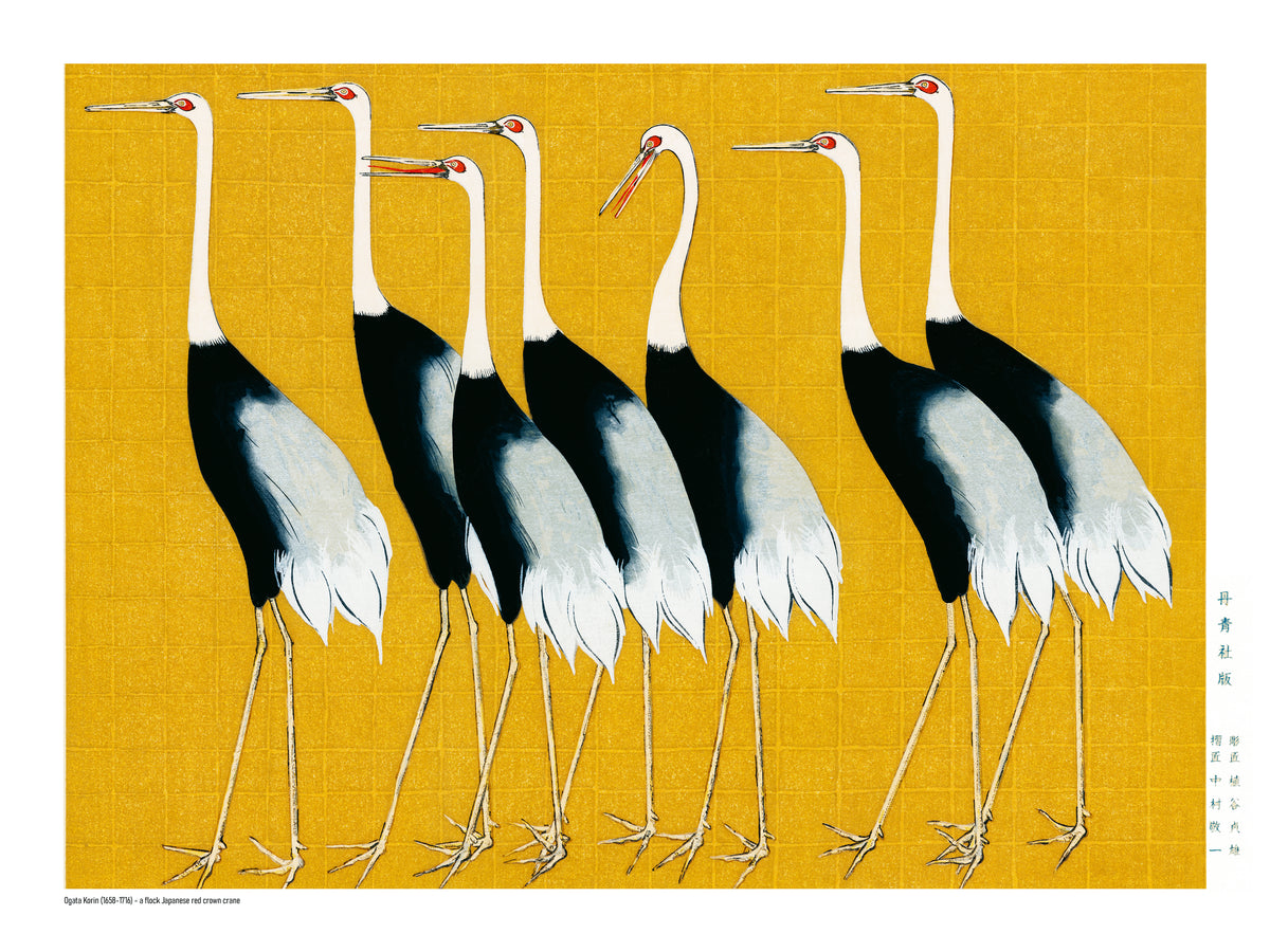 Seven Japanese red-crowned cranes by Ogata Korin on a golden yellow background, landscape digital print with black, white and red details for Japanese-inspired wall decor.