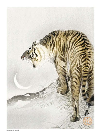 Roaring tiger by Ohara Koson beneath a white crescent moon, Japanese-style vertical digital print in muted beige, black and grey tones for wildlife wall art and home decor.