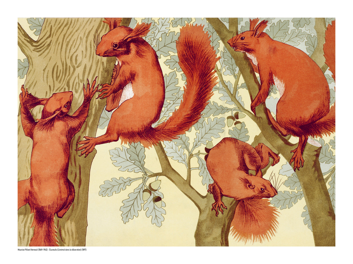 Horizontal Art Nouveau illustration of four red squirrels climbing oak trees, rendered in warm orange, cream and muted green tones. A decorative digital art print for living rooms, studies and nature-inspired walls.