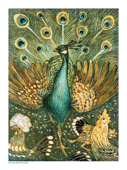 Vertical decorative art print of a peacock surrounded by chickens, illustrated in rich green, turquoise, gold and black tones in Theo van Hoytema’s Art Nouveau style, ideal as distinctive living room wall art.