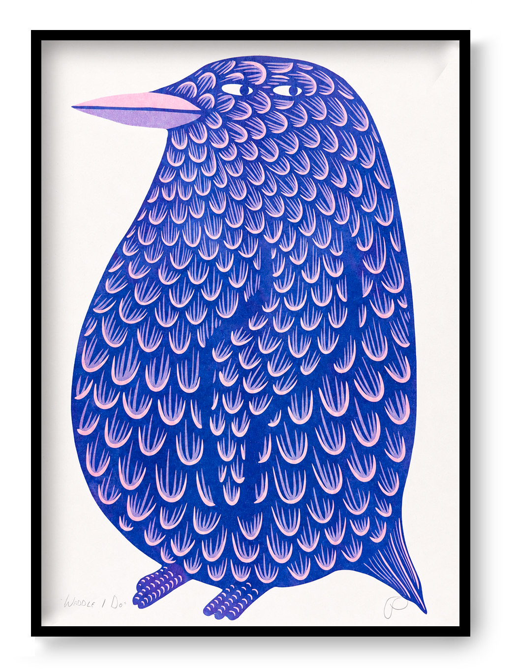 Blue and pink penguin risograph by Strangford, shown in portrait orientation with patterned feathers and a humorous expression, playful wall art for colourful contemporary home decor.
