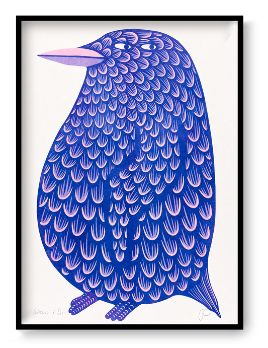 Blue and pink penguin risograph by Strangford, shown in portrait orientation with patterned feathers and a humorous expression, playful wall art for colourful contemporary home decor.