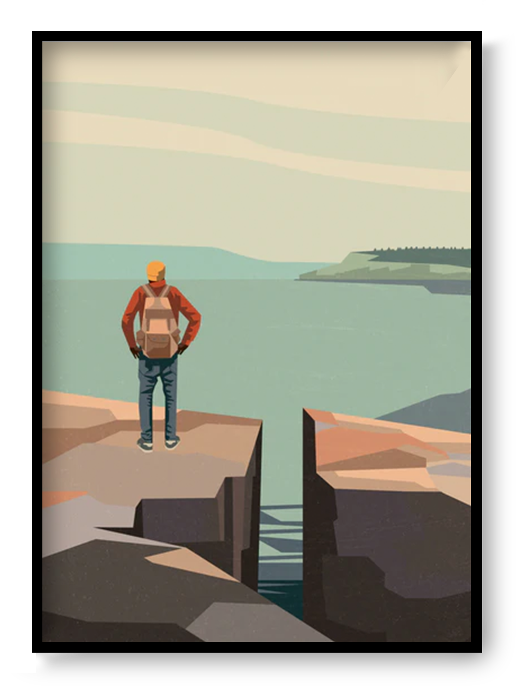 Minimalist landscape art print showing a person standing on a cliff overlooking water and distant hills, modern nature wall art poster in soft earthy tones.