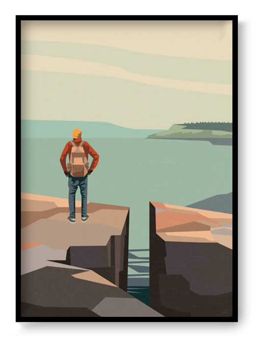 Minimalist landscape art print showing a person standing on a cliff overlooking water and distant hills, modern nature wall art poster in soft earthy tones.