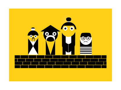 Bold and playful graphic illustration titled ‘Chinese’ by Studio Frits, featuring four stylized black-and-white cartoon characters with geometric shapes against a vibrant yellow background. This modern art print blends minimalism with cultural motifs, perfect for contemporary interiors, kids’ rooms, or design lovers who appreciate quirky wall decor. Available at Galerie Frits