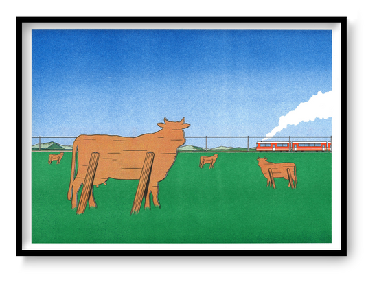 Landscape Risograph by Simon Bailly showing wooden cows in a green field watching a red train pass beneath a blue sky. Horizontal contemporary wall art with bold green, orange and blue tones.