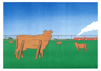 Landscape Risograph by Simon Bailly showing wooden cows in a green field watching a red train pass beneath a blue sky. Horizontal contemporary wall art with bold green, orange and blue tones.
