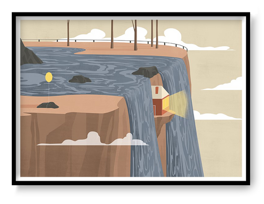 A3 surreal landscape art print by Ana Yael featuring a waterfall flowing over a cliff with a small illuminated house hidden behind the water, soft clouds, rocks, and minimalist design style.