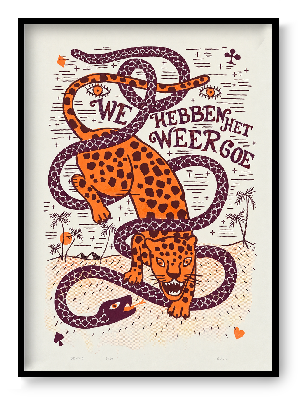 Vintage-inspired three-colour screen print by Dennis Dellaert featuring an orange jaguar entwined with burgundy snakes, playful lettering and tropical details. Vertical wall art for eclectic home decor.
