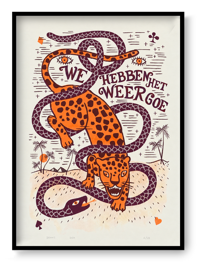 Vintage-inspired three-colour screen print by Dennis Dellaert featuring an orange jaguar entwined with burgundy snakes, playful lettering and tropical details. Vertical wall art for eclectic home decor.