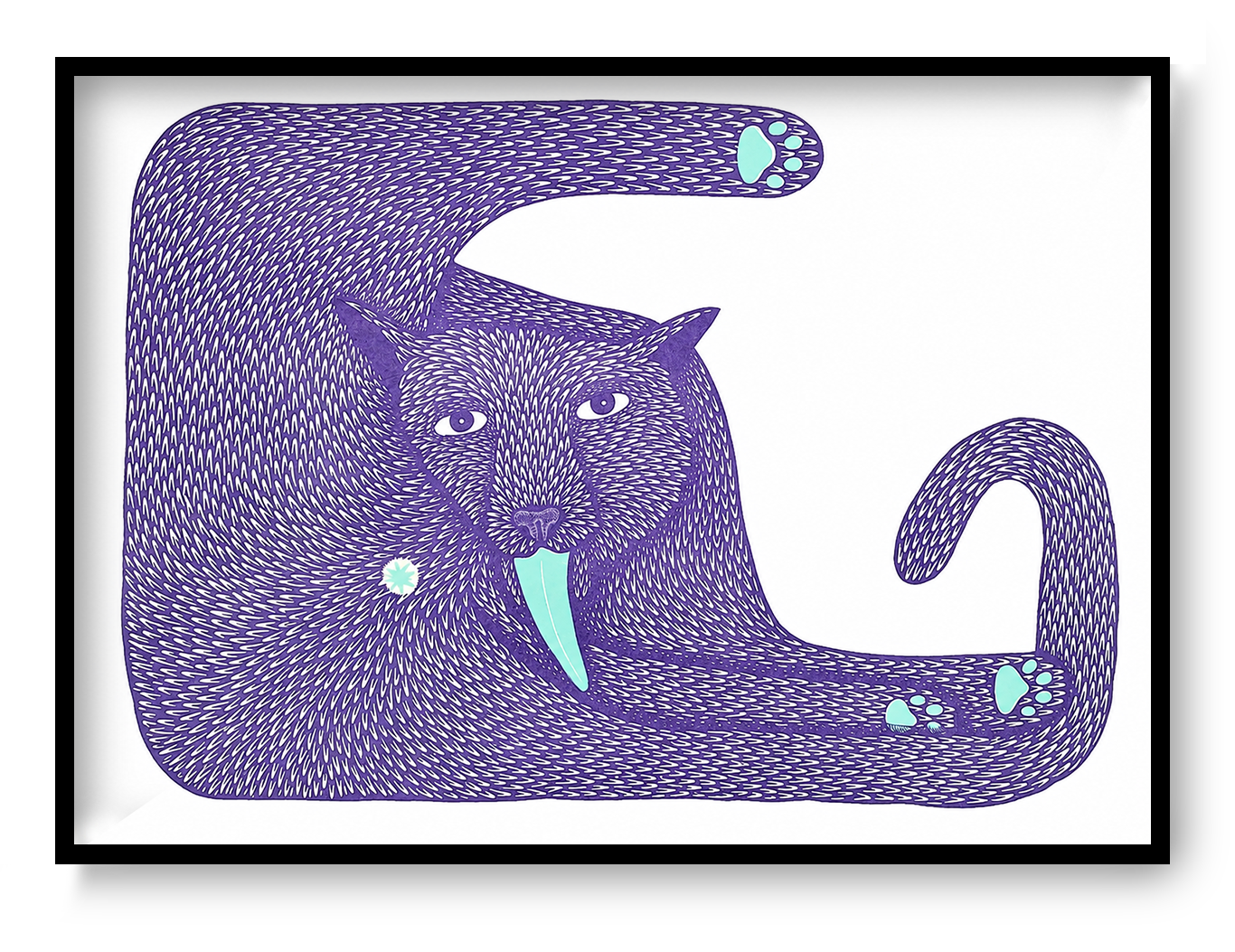 Purple cat risograph art print with elongated body, curled tail, mint tongue and paw details, bold graphic texture and landscape format for playful modern wall decor.