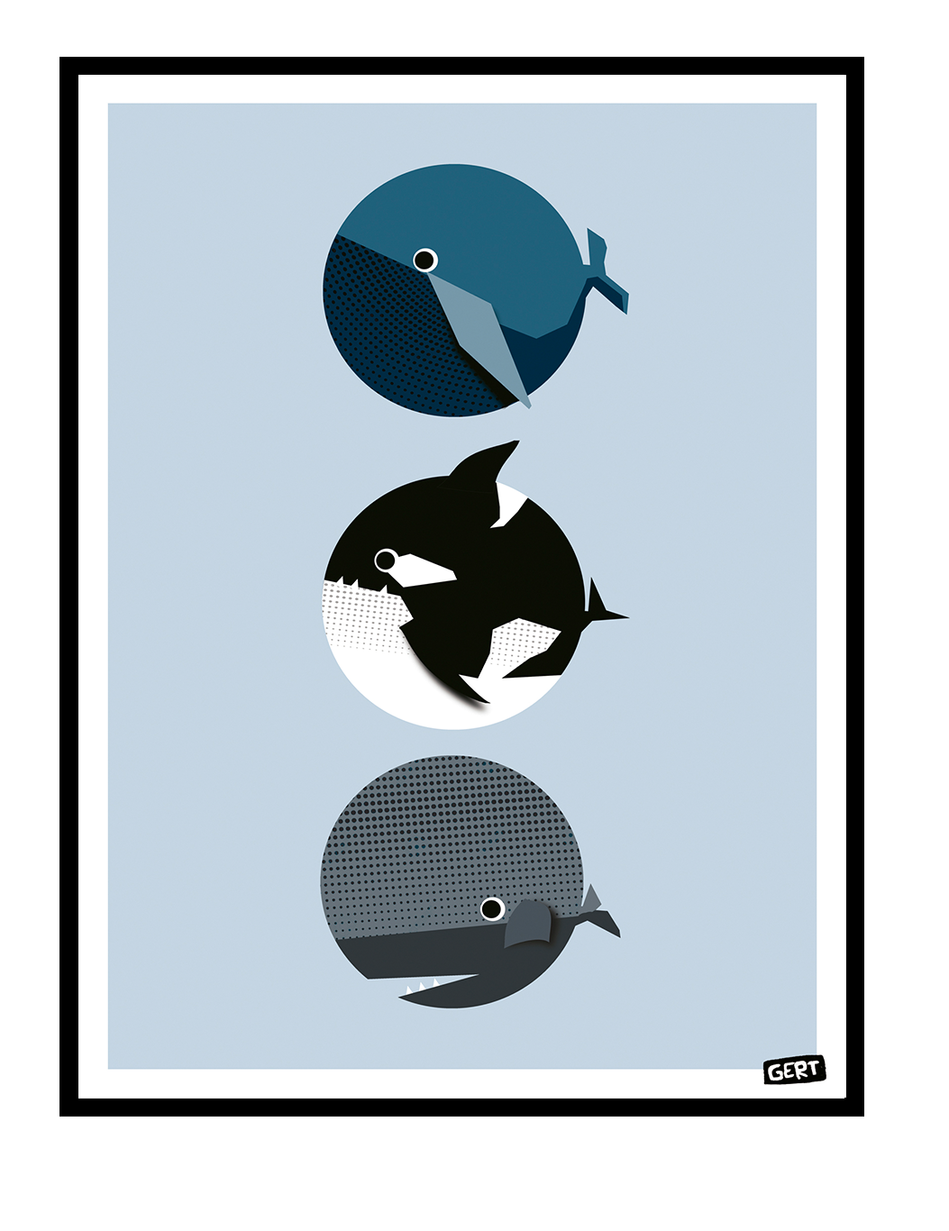 Whales by Gert Paenen, minimalist whale art print featuring three geometric whales in blue, black and grey tones on a soft blue background, contemporary marine life wall art for modern home decor.