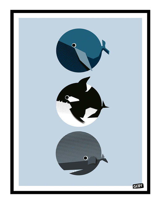 Whales by Gert Paenen, minimalist whale art print featuring three geometric whales in blue, black and grey tones on a soft blue background, contemporary marine life wall art for modern home decor.