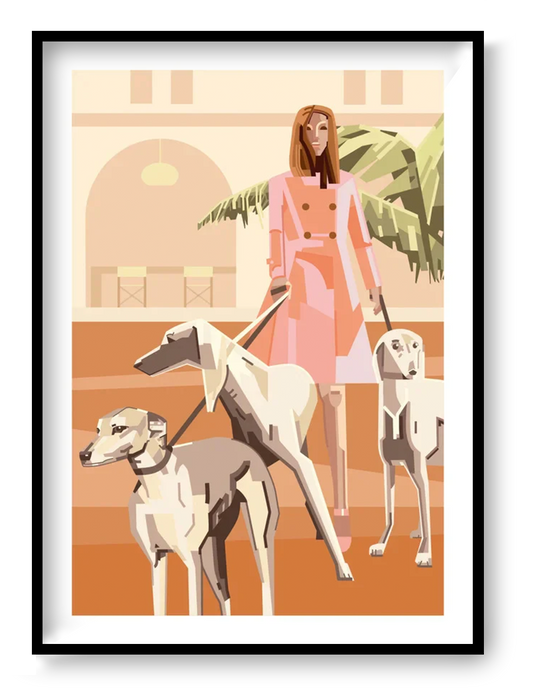 Modern fashion illustration of a stylish woman walking three dogs in a warm-toned architectural setting, A3 digital art print by Floor 4 Productions for contemporary home decor.