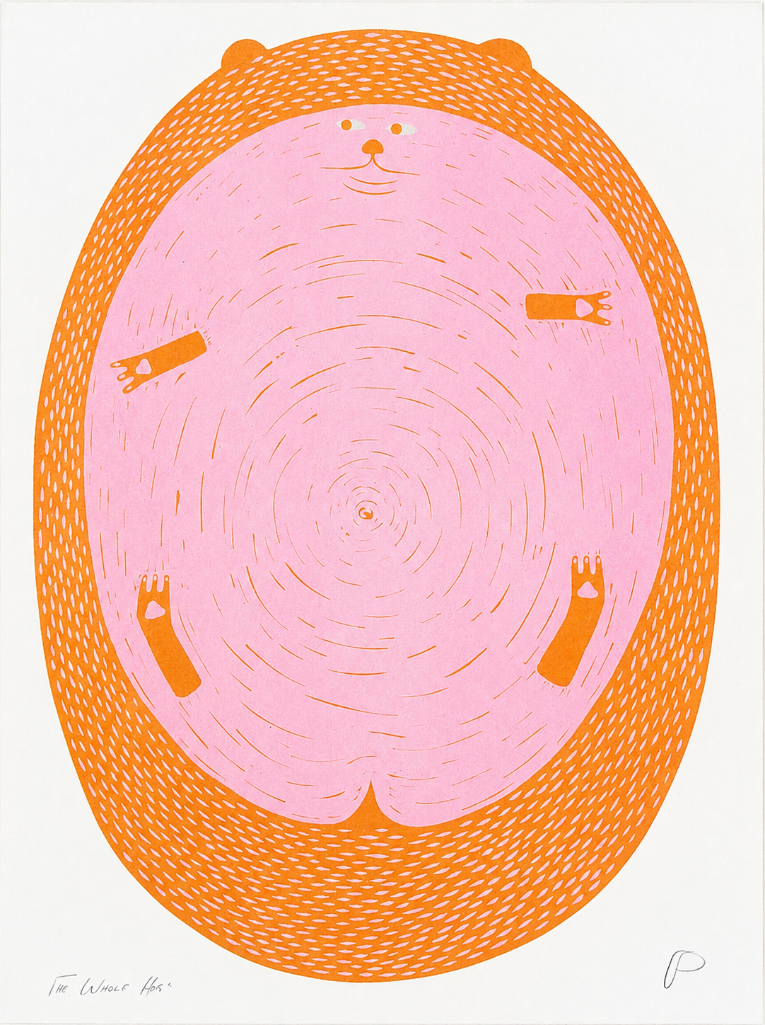 Large round hedgehog illustration by Strangford in bright pink and orange, vertical A3 Risograph print with playful linework, ideal as colourful wall art for modern and eclectic interiors.