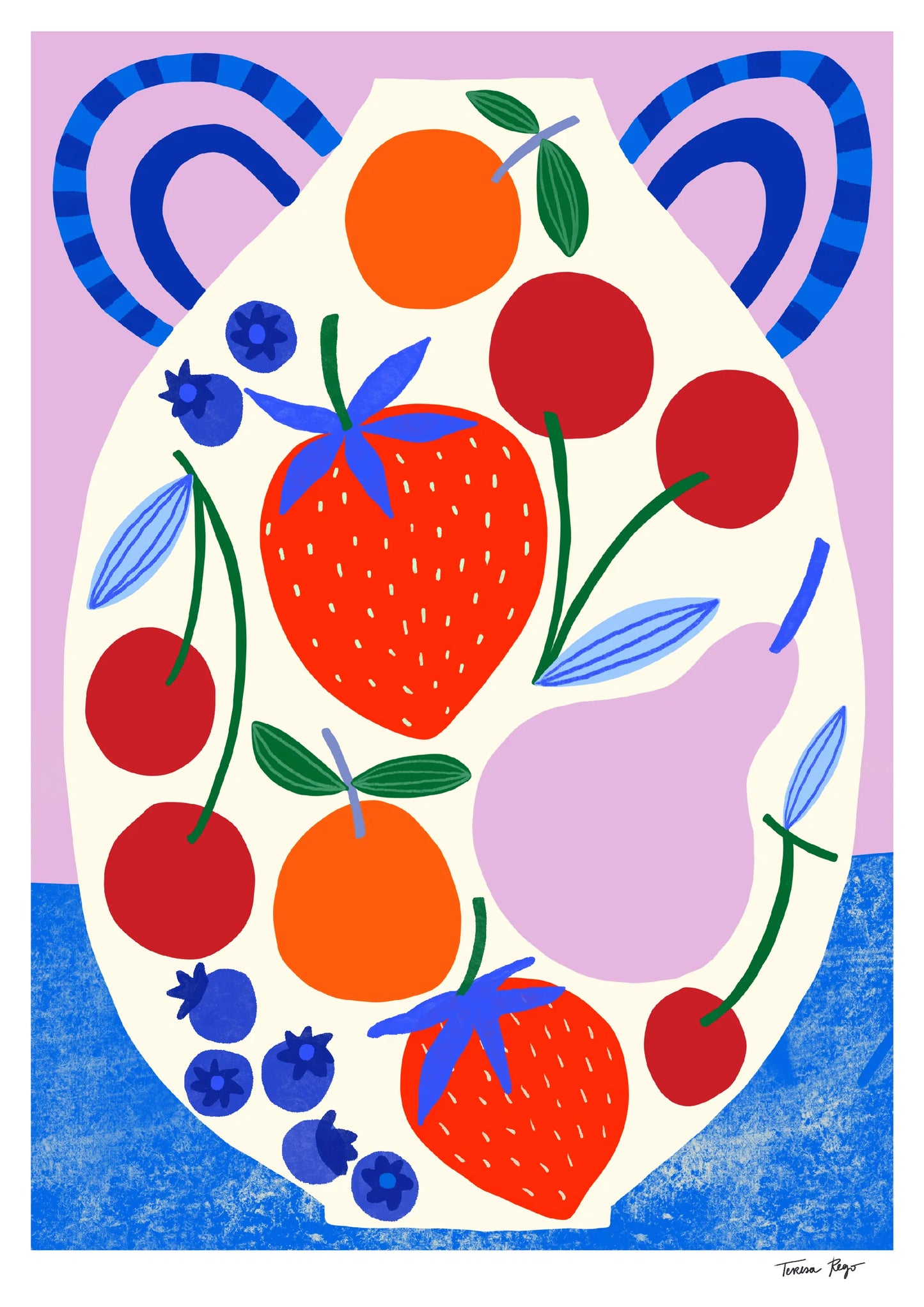 Colourful vertical giclée print by Teresa Rego featuring strawberries, cherries, blueberries and oranges arranged on a playful ceramic pot, ideal for bright kitchen or dining room wall decor.