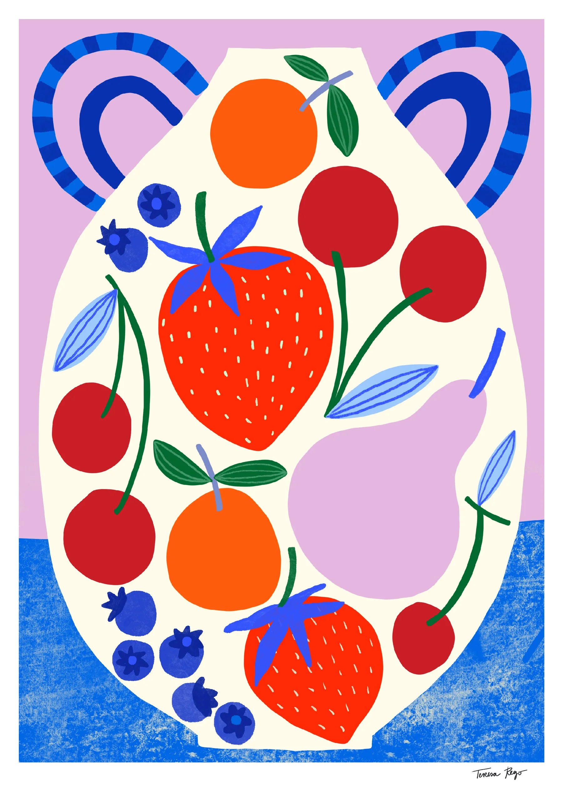 Colourful vertical giclée print by Teresa Rego featuring strawberries, cherries, blueberries and oranges arranged on a playful ceramic pot, ideal for bright kitchen or dining room wall decor.