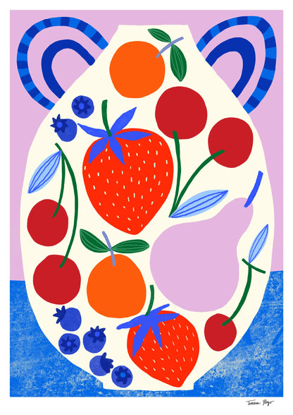 Colourful vertical giclée print by Teresa Rego featuring strawberries, cherries, blueberries and oranges arranged on a playful ceramic pot, ideal for bright kitchen or dining room wall decor.