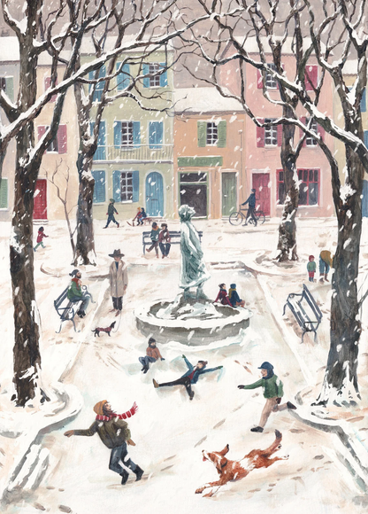 Winter scene illustration of a European village square filled with children and adults playing in the snow, a dog running, and pastel buildings in the background. A nostalgic, cozy winter print by Belgian illustrator Stien van Kerckhoven.