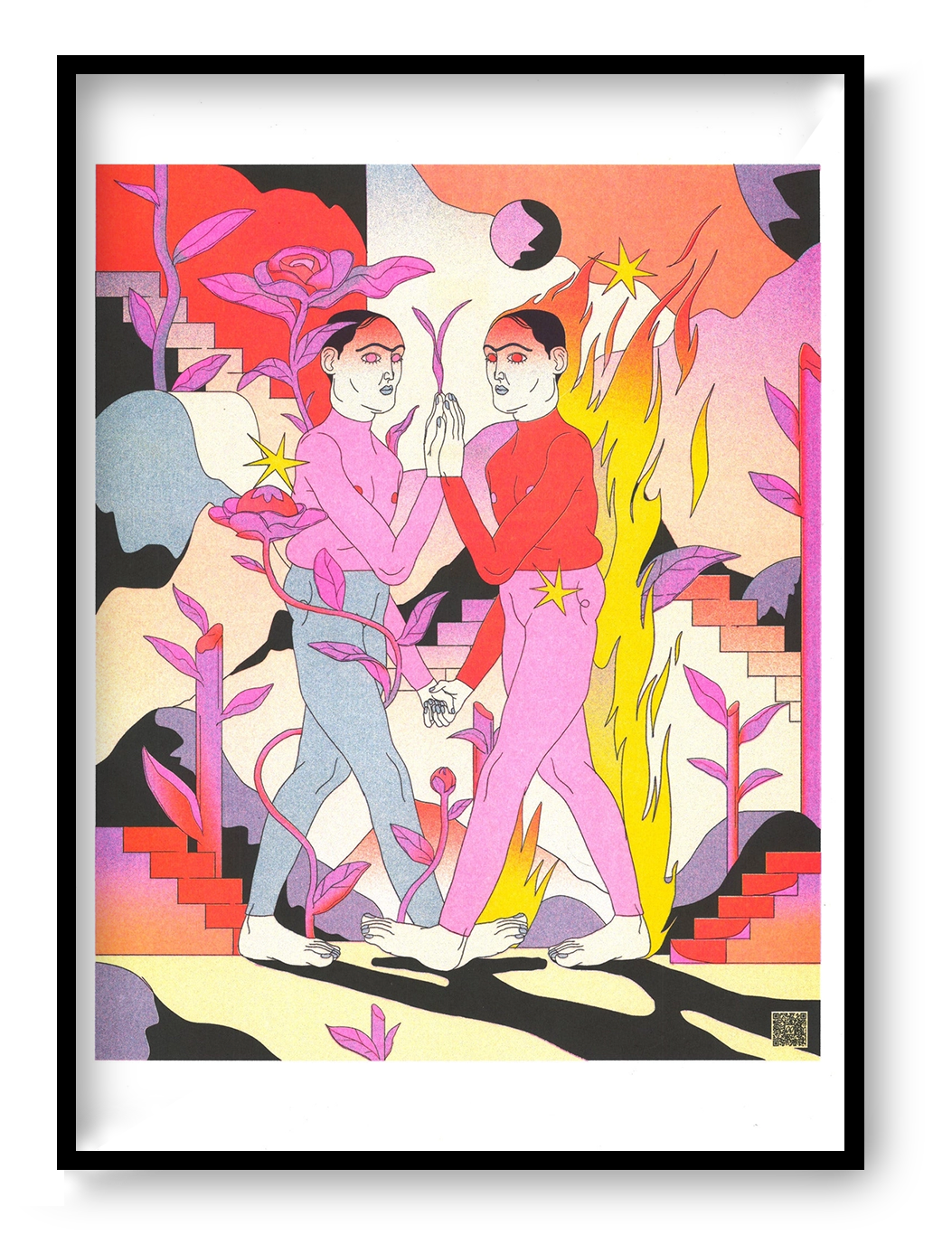 Wish You Were Here by Raman Djafari, vertical A3 risograph showing two figures surrounded by pink plants, yellow flames and surreal red, purple and black shapes, colourful contemporary wall art.
