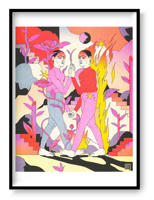 Wish You Were Here by Raman Djafari, vertical A3 risograph showing two figures surrounded by pink plants, yellow flames and surreal red, purple and black shapes, colourful contemporary wall art.