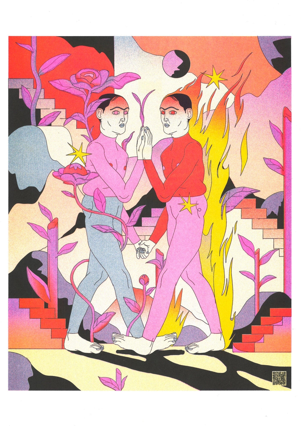 Wish You Were Here by Raman Djafari, vertical A3 risograph showing two figures surrounded by pink plants, yellow flames and surreal red, purple and black shapes, colourful contemporary wall art.