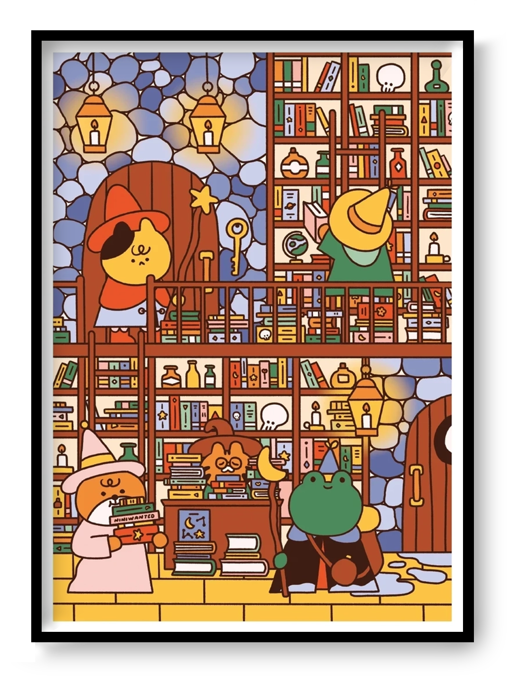 Wizard's Library by Niniwanted, A4 vertical digital art print featuring cute animal wizards, colorful bookshelves, glowing lanterns, and magical objects in a cozy fantasy library. Playful kawaii wall art.