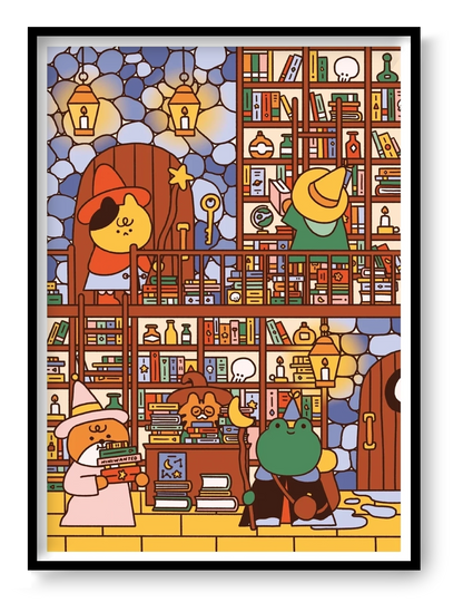 Wizard's Library by Niniwanted, A4 vertical digital art print featuring cute animal wizards, colorful bookshelves, glowing lanterns, and magical objects in a cozy fantasy library. Playful kawaii wall art.