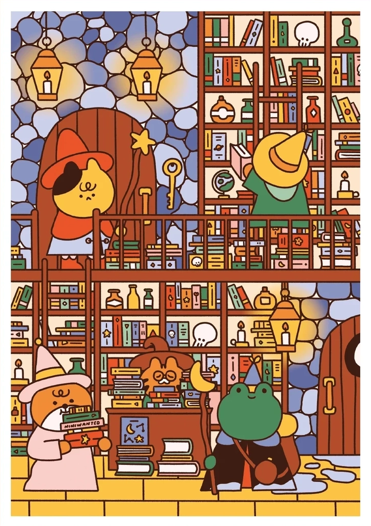 Wizard's Library by Niniwanted, A4 vertical digital art print featuring cute animal wizards, colorful bookshelves, glowing lanterns, and magical objects in a cozy fantasy library. Playful kawaii wall art.