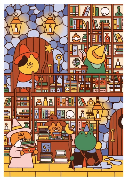 Wizard's Library by Niniwanted, A4 vertical digital art print featuring cute animal wizards, colorful bookshelves, glowing lanterns, and magical objects in a cozy fantasy library. Playful kawaii wall art.