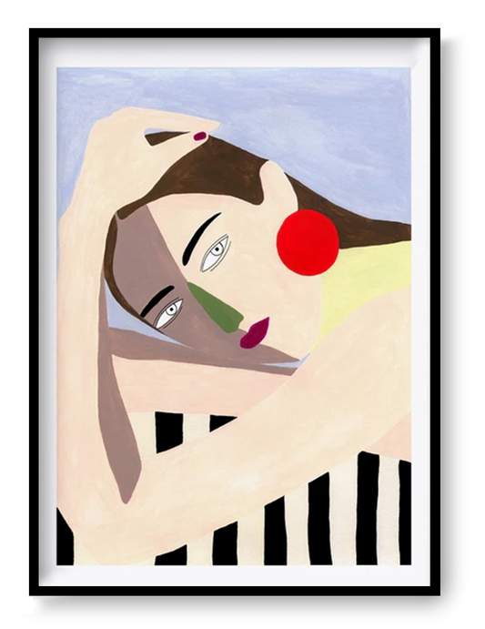 minimalist abstract woman giclée print A3, soft geometric shapes, neutral tones with bold red circle accent, modern female portrait wall art for contemporary home decor
